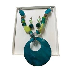Necklace Chocker Earing Set Turquoise Color Pendant Multi Color Stones & Beads